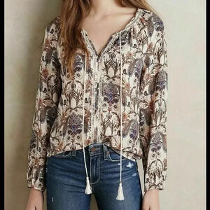 Anthropologie Meadow Rue Myrtle Peasant Blouse Cream Floral Paisley Size XS